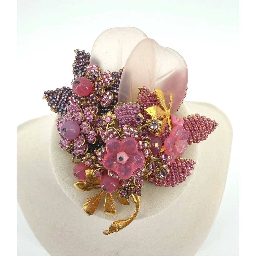 Stanley Hagler NYC Ian St Gielar Pink Floral Beaded Brooch Vintage Statement Pin